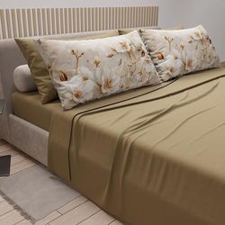 PETTI ARTIGIANI ITALIANI - Juego de Sabanas de Algodon para Cama de Una Plaza y Media con Fundas de Almohada y Sábana Bajera 120x200, Diseño Floral 12 Taupé, 100% Fabricado en Italia