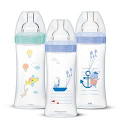 Dodie Jongens Set van 3 anti-koliek-flesjes Sensation plus, jongens, 330 ml, 6 maanden, platte speen, debiet 3, pastelblauw, 3 stuks (1 stuk)