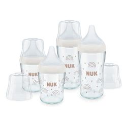 NUK Perfect Match zestaw szklanych butelek dla niemowląt, od 3 miesięcy, dostosowuje się do dziecka, kontrola temperatury, antykoliczne, 120 ml i 230 ml, nie zawiera BPA, silikonowy smoczek do picia,