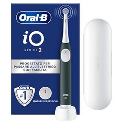 Oral-B iO 2 Spazzolino Elettrico Oral B, Verde, 1 Testina Di Ricambio, 1 Custodia Da Viaggio, Supporto per testine, Spazzolino, Delicato sulle Gengive, Efficace sulla placca, Sensore di Pressione