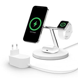 Belkin MagSafe 3-in-1 draadloze lader voor iPhone 15 + Apple Watch + AirPods (Magnetische lader voor het opladen van iPhone 14-modellen met tot 15 W) - Wit