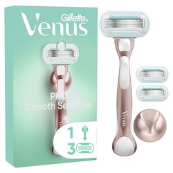 Gillette Venus Lubrastrip Deluxe Smooth Sensitive - Maquinilla de afeitar para mujer + 3 recambios de hoja de afeitar, con mango de metal de oro rosa, Lubrastrip con un toque de aloe vera