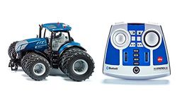 siku 6739, Tracteur New Holland T7,315, 1:32, bleu, métal/plastique, Télécommandé, Télécommande Bluetooth inclus, avec Roues Jumelées amovibles, Pilotage possible via App