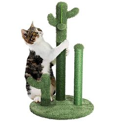 BAKAJI Rascador rascador de 3 Cactus con Bola de árbol en Forma de Planta para Gatos Animales felinos Color Verde con Flor interactiva para uñas antiarañazos Juguete Estable y Resistente Resistente