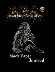 Sun Moon and Stars Black Paper Journal: 8.5" x 11" with 120 black pages lined in white.