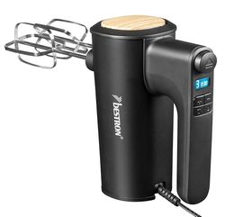 Bestron Batidora de mano, potente batidora de mano con 6 niveles, función turbo y pantalla LCD, dispositivo agitador con 2 batidores y 2 ganchos para amasar, peso ligero de 1 kg, color: negro/madera