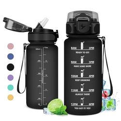 Drinkfles voor kinderen, 500 ml, drinkfles met rietje, lekvrije sportwaterfles met tijdweergave, motiverende drinkfles voor volwassenen, fiets, reizen