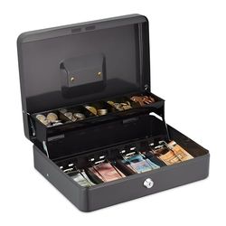 Relaxdays Caisse à Monnaie, Compartiments pour Billets et pièces, Fer, H x L x P : 8,5 x 30,5 x 24,5 cm, Grise
