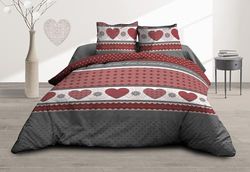 Le linge de Jules Duvet Cover 240 x 260 cm + 2 Pillowcases – Pure Cotton 57 Thread Count – Red Hearts