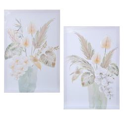 DRW Set van 2 schilderijen, 40% handbeschilderd, rechthoekig canvas, verschillende bloemen, verschillende kleuren, 60 x 40 x 3 cm