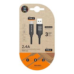 Brightium Cable USB-A a USB-C de nylon, 1m, 2A, ideal para carga y transferencia de datos de dispositivos compatibles.