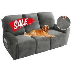 MAXIJIN 8 Fundas de sofá reclinable, Fundas elásticas de Terciopelo para sofá reclinable de 3 Fundas de cojín, Gruesas, Suaves, Lavables, Fundas para sofá reclinable (sofá reclinable, Gris Oscuro)