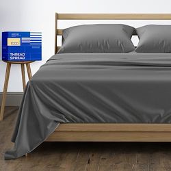 THREAD SPREAD Beddengoedset, van luxe, 100% Egyptisch katoen, draaddichtheid 1000, voor matrassen tot 45,7 cm, 4-delig Queen donkergrijs