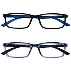 Opulize See - Occhiali da Lettura Filtro Set da 2 Luce Blu Montatura Stretta Cerniere a Molla Migliorano il Sonno Gaming Computer Anti Riflesso Nero Blu Trasparente Uomo Donna BB9-13 +2.50