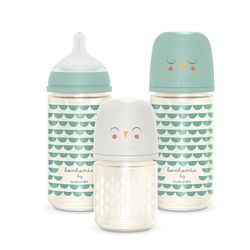 Suavinex, Pack Biberones de Vidrio, Anticolicos con Tetina Fisiológica SX Pro de Silicona, 1 Biberón 120 ml de Flujo Lento (S) y 2 Biberones 240 ml de Flujo Medio (M), +0 Meses, Bonhomia Verde
