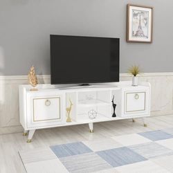 Hanah Home Elegante tv-unit met ijzeren poten, wit en goud, 150 cm x 55 cm x 35 cm, 100% melamine gecoat particle board, 18 mm dik, stijlvol en duurzaam design