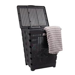Mind Reader Panier à linge pliable de 61 l - Avec couvercle - Design en osier - Plastique - 37,8 cm x 46 cm x 54 cm (L x l x H) - Noir