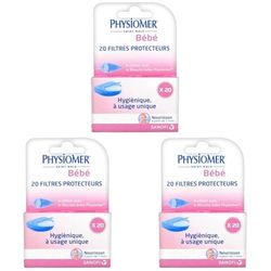Physiomer Bébé - Dispositif médical - 20 filtres protecteurs - Mouche Bébé Physiomer - Nez Qui coule – Rhume – Rhinopharyngite - Facilite l’élimination du Mucus (Lot de 3)