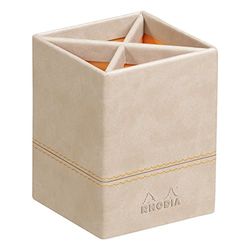 RHODIA 318815C - Pot à Crayons Beige - 8 x 8 x 11 cm - Piqûres Sellier Orange - Extérieur Simili Cuir - Collection Home Office rama - Organisation de Bureau & Rangement Design