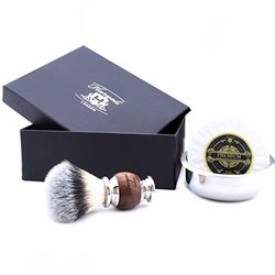 Haryali London Set di pennelli da barba – Pennello da barba vegano – ciotola da barba, sapone da barba – set da 3 pezzi – manico in legno