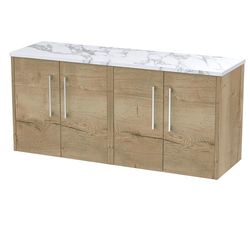 Hudson Reed JNU1823LCM2 Juno Modern Bathroom Wall Hung 4 Soft Close Door Vanity Unit and Carrera Marble Laminate Worktop, 1200mm, Autumn Oak