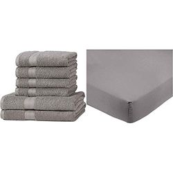 Amazon Basics Lot de 2 draps de Bain et 4 Serviettes de Bain résistants à la décoloration Gris & Drap-Housse en Microfibre Gris foncé 140 x 200 x 30 cm