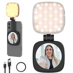 NEEWER BASICS Éclairage Magnétique Selfie Compatible avec MagSafe iPhone, CRI95 Éclairage LED Rond Pliable pour Téléphone avec Support/Miroir pour Photo Maquillage Zoom Vidéo Conférence, Noir NL48B