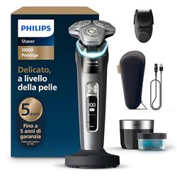 Philips Shaver i9000 Prestige, rasoio elettrico Wet & Dry, tecnologia Skin IQ, triplo sistema di sollevamento e taglio, doppie lame di precisione in acciaio 360º, styler per barba, modello XP9202/33