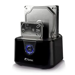FANTEC DS-X2U3-Glanz USB3.2 Gen1 Docking Station for 2X SATA 3.5/2.5 Inch SSD/Hard Disk, Integrated One-Touch cloning Function, Transfer Rates up to 5Gbit/s (SUPERSPEED), High-Gloss Plastic, Black