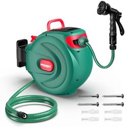 HYCHIKA Enrollador Manguera Jardin 30M - Carrete Retráctil Manguera para Pared, Bloqueo Automático, Pistola 8 Funciones, Caja Giratoria 180°, Almacenaje Seguro Riego Exterior