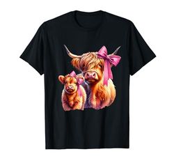 Linda coqueta de vaca escocesa de las tierras altas y ternera rosa para bebé Camiseta