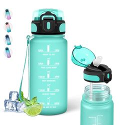 Botella Agua - 500ml - Botella Agua Niños, Botella Reutilizable con Pajita, Botella de Agua Deportiva, Botella de Agua con Marca de Tiempo, Cantimplora para la Escuela, Acampar, Deportes, Azul-Verde