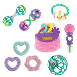 Bright Starts, Assortiment de jouets 9 pièces Everything Nice - Hochets et Anneaux de dentition pas de BPA, Jouets Purple et Pink, Unisexe, Nouveau-nés et plus
