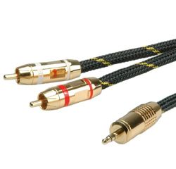 ROLINE GOLD AUX cable | 3.5 mm stereo 2 x RCA connectors | Audio cable | Nylon sheath black 5 m