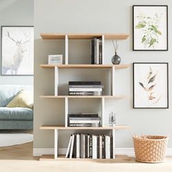 Hanah Hem snygg ek och vit bokhylla, 90 cm x 25 cm x 127,4 cm | 100% melaminbelagd partikelbräda, 18 mm tjock | väggmontering, flera hyllor för moderna utrymmen
