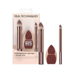 Real Techniques - Juego de esponja Makeupsaver + brochas para formulaciones líquidas y en crema de maquillaje, acabado natural, reduce los residuos de maquillaje, sin crueldad ni látex, 3 productos