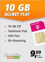 klarmobil Allnet Flat 10 GB – Contrato de telefonía móvil en Red de telecomunicaciones con Internet Flat, Flat Telefonía y SMS y itinerancia de la UE – En Todas Las Redes alemanas – 24 Meses de