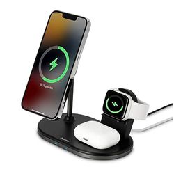 Hama MagCharge - Caricabatterie wireless per Apple iPhone, Apple AirPod, Apple Watch (3 in 1 con Quick Charge 15 W, caricatore magnetico senza fili per Apple MagSafe e Hama MagLine)