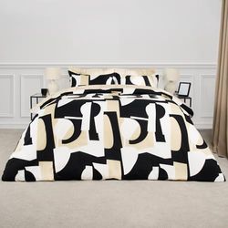 OHS Parure de lit Simple avec Housse de Couette et taie d'oreiller - Douce et Confortable - Respirante - Noir et crème