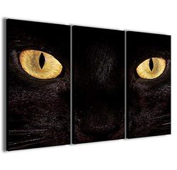 Stampe su Tela, Black Cat zwarte kat, moderne afbeeldingen van 3 panelen, klaar om op te hangen, 90 x 60 cm