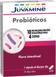 JUVAMINE - Probióticos - Flora Intestinal - Programa de 15 Días - 4 Cepas Activas - 10 Mil Millones de Bacterias Vivas - Refuerza el Sistema Digestivo y Equilibrio Intestinal - Bienestar - 15 Cápsulas
