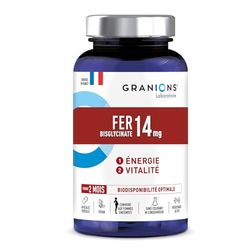 FER BISGLYCINATE 14 mg GRANIONS Immunité et Energie + Vitamines B – Bisglycinate de Fer – Fer Bisglycinate Biodisponibilité Optimale - Femmes Enceintes – 60 Gélules Format 2 Mois –Fabriqué en France