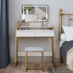Mondeer Kaptafel met spiegel en kruk, make-uptafel met 3 kleuren instelbare helderheid LED-verlichting, 2 grote opbergladen en metalen frame, voor slaapkamer, wit en goud