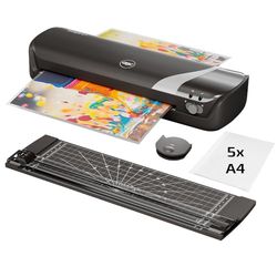 GBC Inspire+ Set 4 in 1 con Plastificatrice per Documenti in Formato A4, Taglierina, Arrotondatore Angoli e Confezione di Pouch - Bianco (4410036)