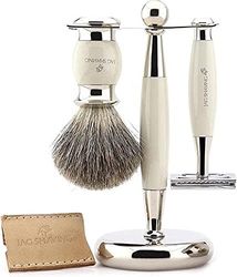 Jag Shaving Set di 3 pennelli da barba, spazzola professionale in acciaio inox supporto e rasoio manuale rasoio aperto set completo da uomo