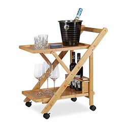 Relaxdays keukentrolley bamboe, 2 etages, inklapbaar, HxBxD: 70 x 40,5 x 65 cm, serveerwagen hout, keukenwagen, natuur