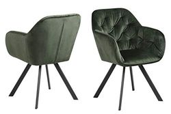 AC Design Furniture Kerstin obrotowe krzesło do jadalni z podłokietnikami w kolorze leśnej zieleni, krzesło tapicerowane z aksamitu z czarnymi nogami, szer.: 57,5 x wys. 81,5 x głęb.: 61,5 cm