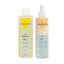 Valquer Preventive Children's Pack Formula Zero Shampoo 400 ml and Biphasic Conditioner 300 ml. Protects, moisturizes, and softens hair with Tea Tree Oil and Lemon Essential Oil. Vegan.