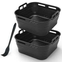 Alyvisun Teglia Silicone per Friggitrice ad Aria con Pennello per Olio, 2 Pezzi Contenitori Teglie Air Fryer Stampi Pirottini Contenitore Cestello Vaschette per Airfryer, Microonde, Forno (Nero)