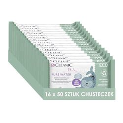 Cleanic Chusteczki nawilżane Baby Eco Pure Water dla dzieci i niemowląt - 99% skład na bazie wody - alantoina - bez perfum - jednorazowe - dla skóry wrażliwej - 50 x 16 sztuk